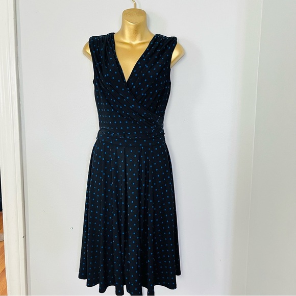 Ralph Lauren Chic Navy Polka Dot Wrap Dress Flattering A-Line Midi Sleeveless - Picture 3 of 5
